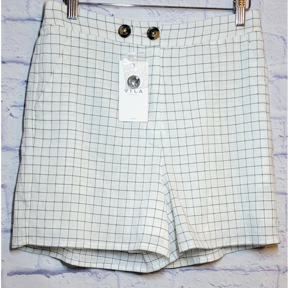 NWT Villa Womens White Plaid Casual Flat Front Pocket Dressy Chino Shorts Size M